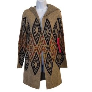 Woven Heart Hooded Cardigan‎ Geometric Print Tan Brown Women's M